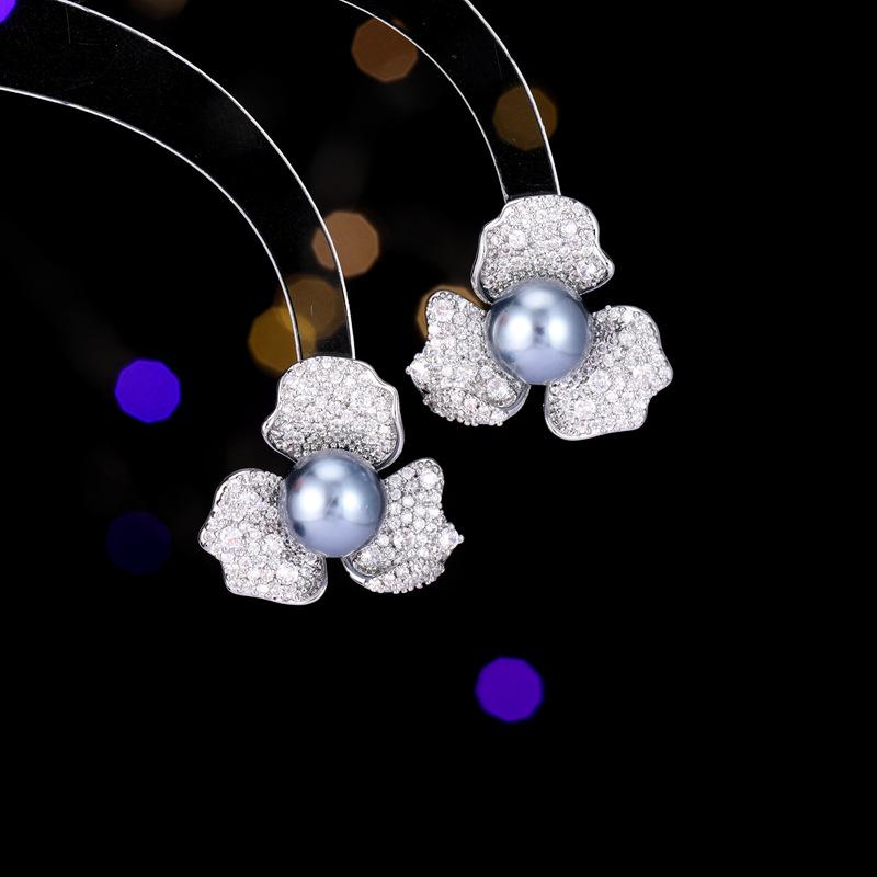 

S925 silver needle elegant temperament high-end earrings full of diamond petals new trendy zircon inlaid flower pearl stud earrings срібний