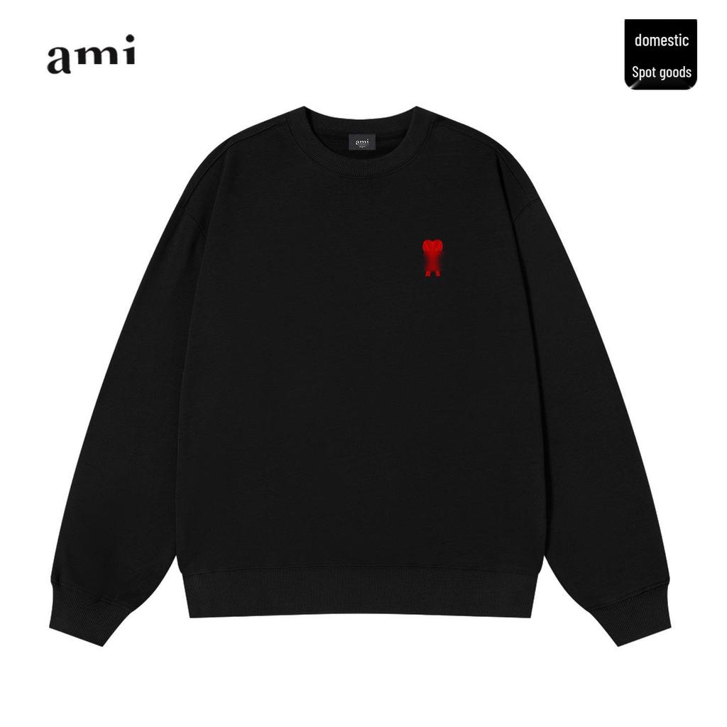 Unisex schwarzes Baumwoll-Rundhals-Sweatshirt mit Herzstickerei - Trendig und bequem für den Herbst.