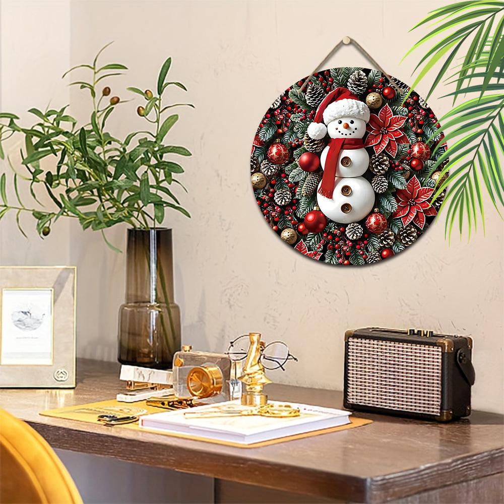 Wooden Christmas Sign with Adorable Snowman Pattern, Christmas Decorative Plaque & Sign for Front Door Wall Hanging Decor, Ideal Christmas Ornament