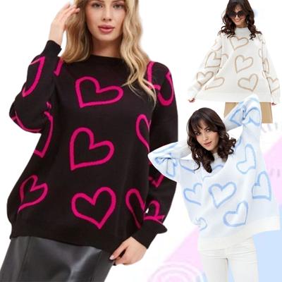 Suéter Tricotado Feminino Outono Inverno Gola Redonda Cor Love Colisão Solto Doce Pulôver Tricotado Jumpers Tricotados Tops