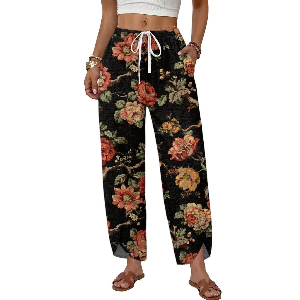 Women's Casual Straight Leg Wide Leg Drawstring Print Pants