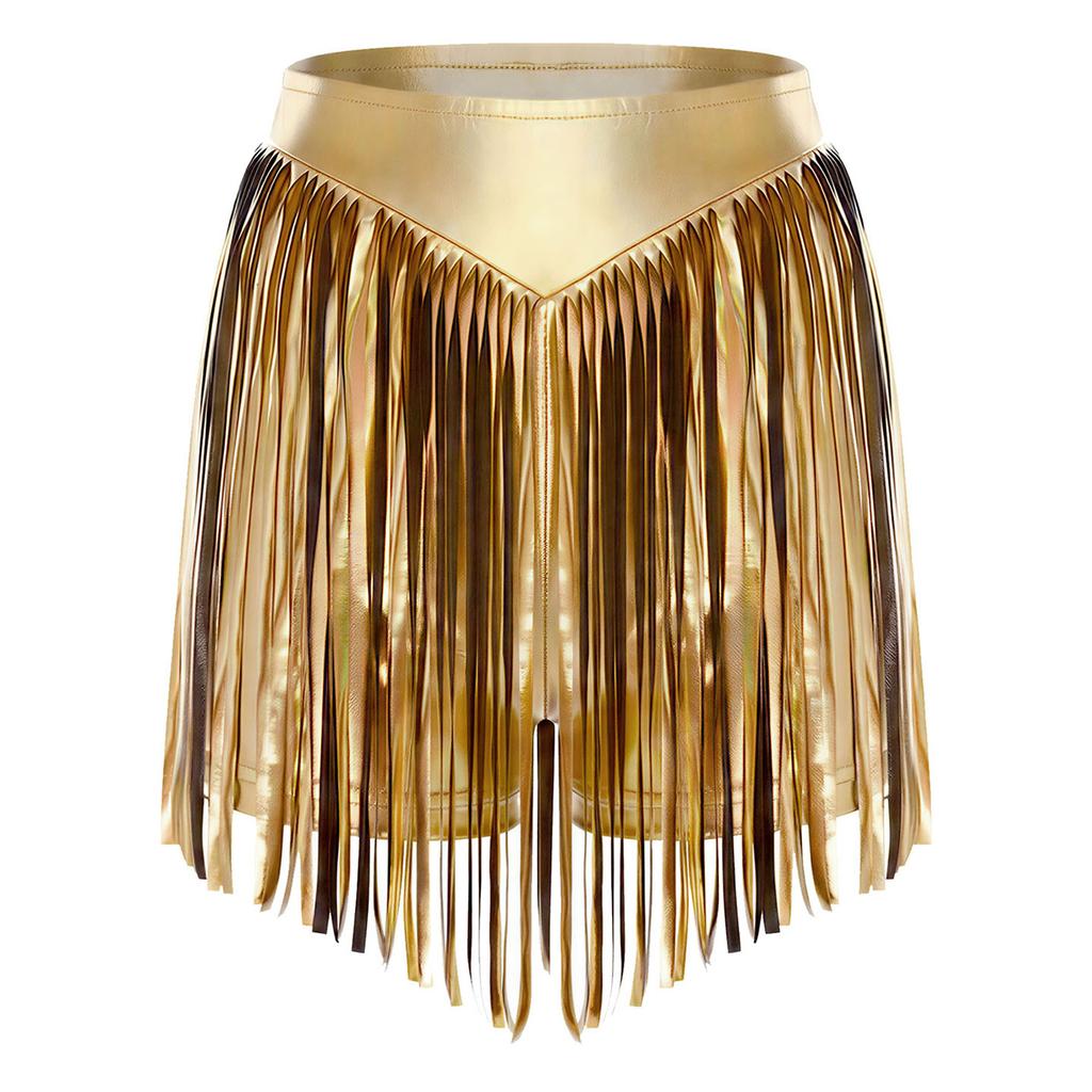 Damen Schimmernde Metallische Hotpants Hohe Taille Quaste Fransen Booty Shorts Freche Shorts