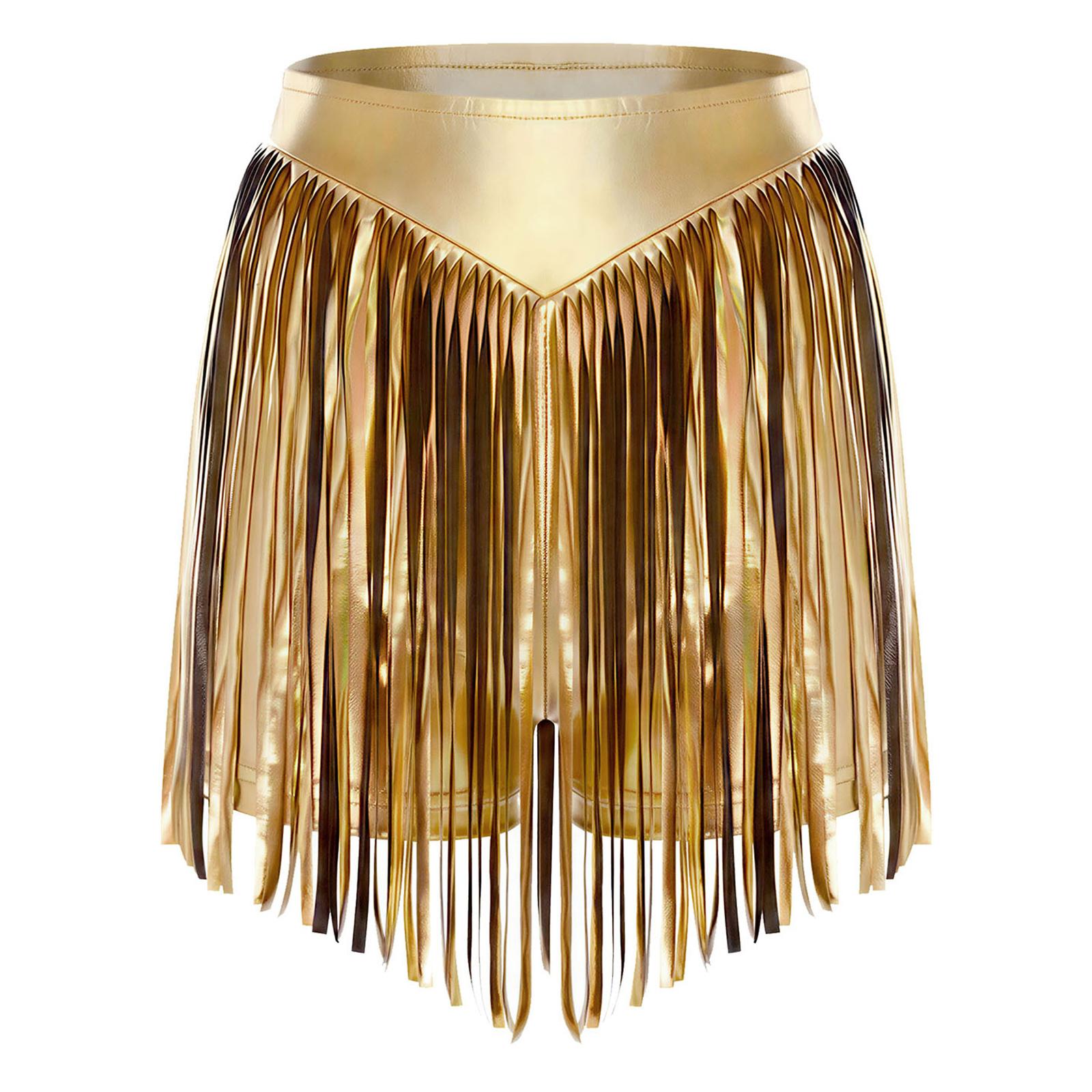 Damen Schimmernde Metallische Hotpants Hohe Taille Quaste Fransen Booty Shorts Freche Shorts S gold