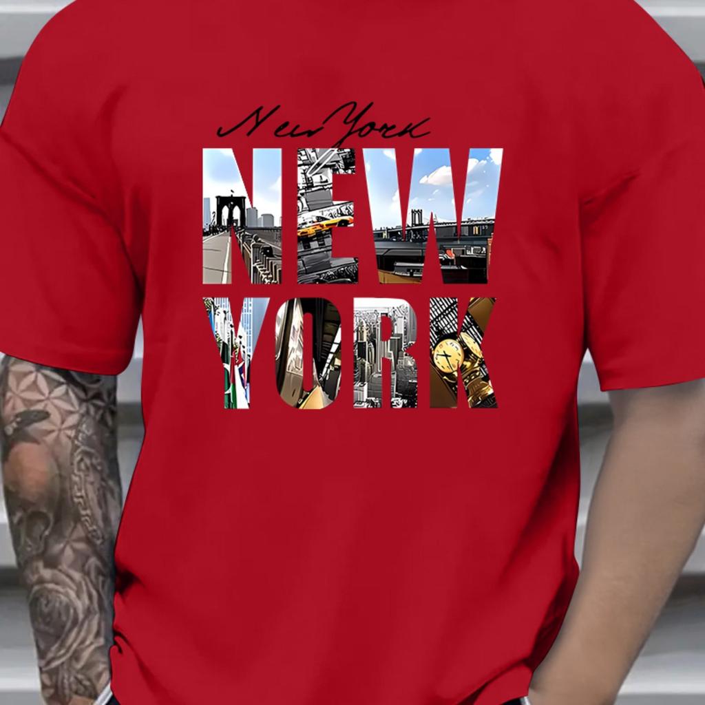 Mens Summer Cotton Fashion Casual Loose New York Pattern Print Sports Round Neck Shortsleeved Tshirt Top Casual Comfortable