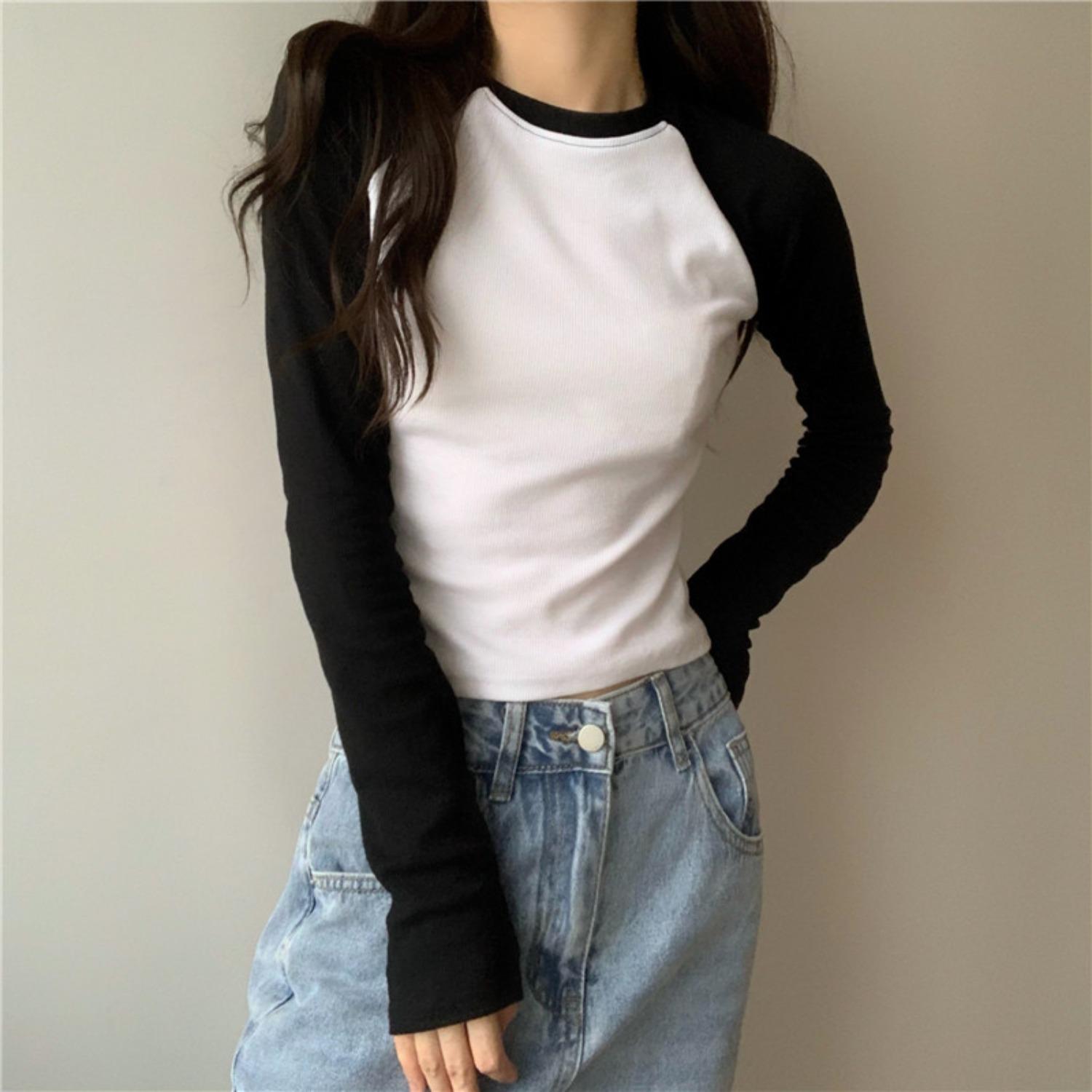 Women s Crew Neck Long Sleeve Tees Slim Fit Cropped Tops Casual Solid Shirts S