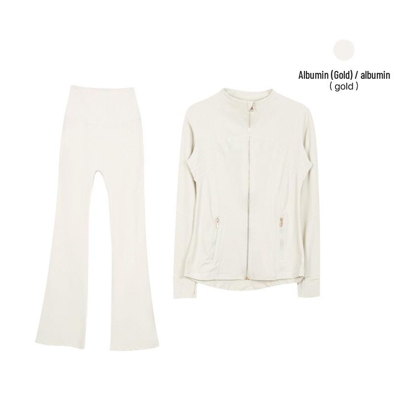 In Stock: Women's Gold Jacket & Flare Pants - High Stretch, Slimming Sports Yoga Set
