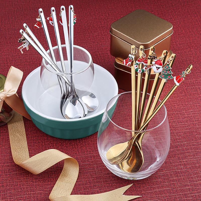 6 Pcs Christmas Cutlery Set Xmas Coffee Spoons Stainless Steel Gold Tableware for Coffee Stirring Dessert Cute Christmas Gift