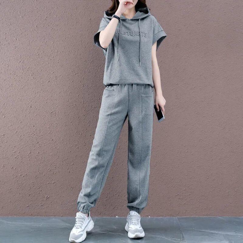 Women's Casual Sports Suit Summer New Solid Color Loose Hooded Short Sleeved Sweater Pants Two Piece Set Plus Size Outfits