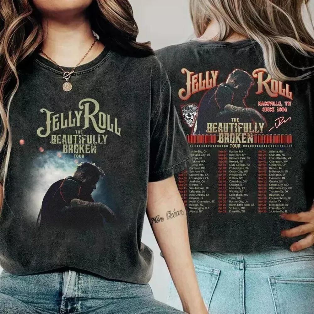Jelly Roll 2 Sides Music Concert 2024 The Beautifully Broken S-5Xl T-Shirt Unisex T-Shirt S