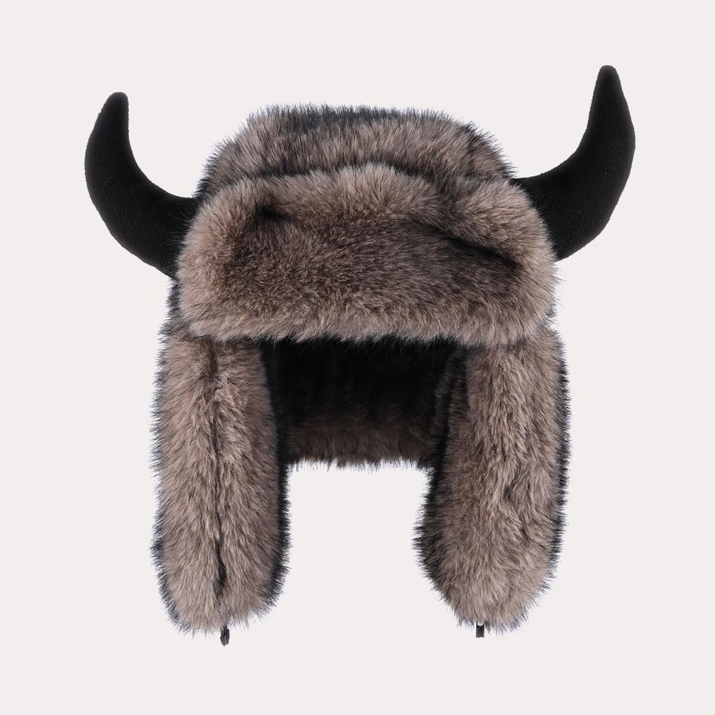 Horn Hat Men's and Women's Winter Imitation Mink Plush Fur Ear Protection Hat Outdoor Cycling Warm Cow Head Hat