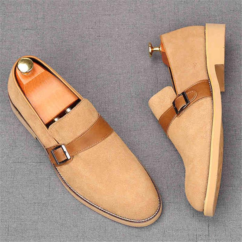 Fashion Fashion New Men's Pointed Genuine Leather Flats Monk Strap Shoes Brown Yellow Designer Male Homecoming Wedding Dress Footwear