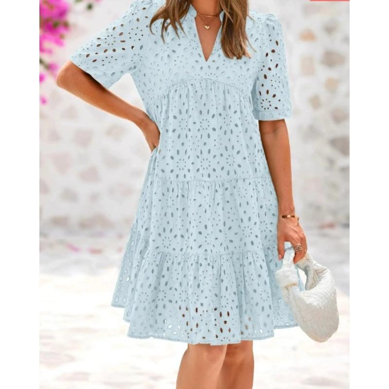 Short Sleeve Women's Beach Vacation Skirt V-Neck Hollow Lace Dress A-Sense Skirt