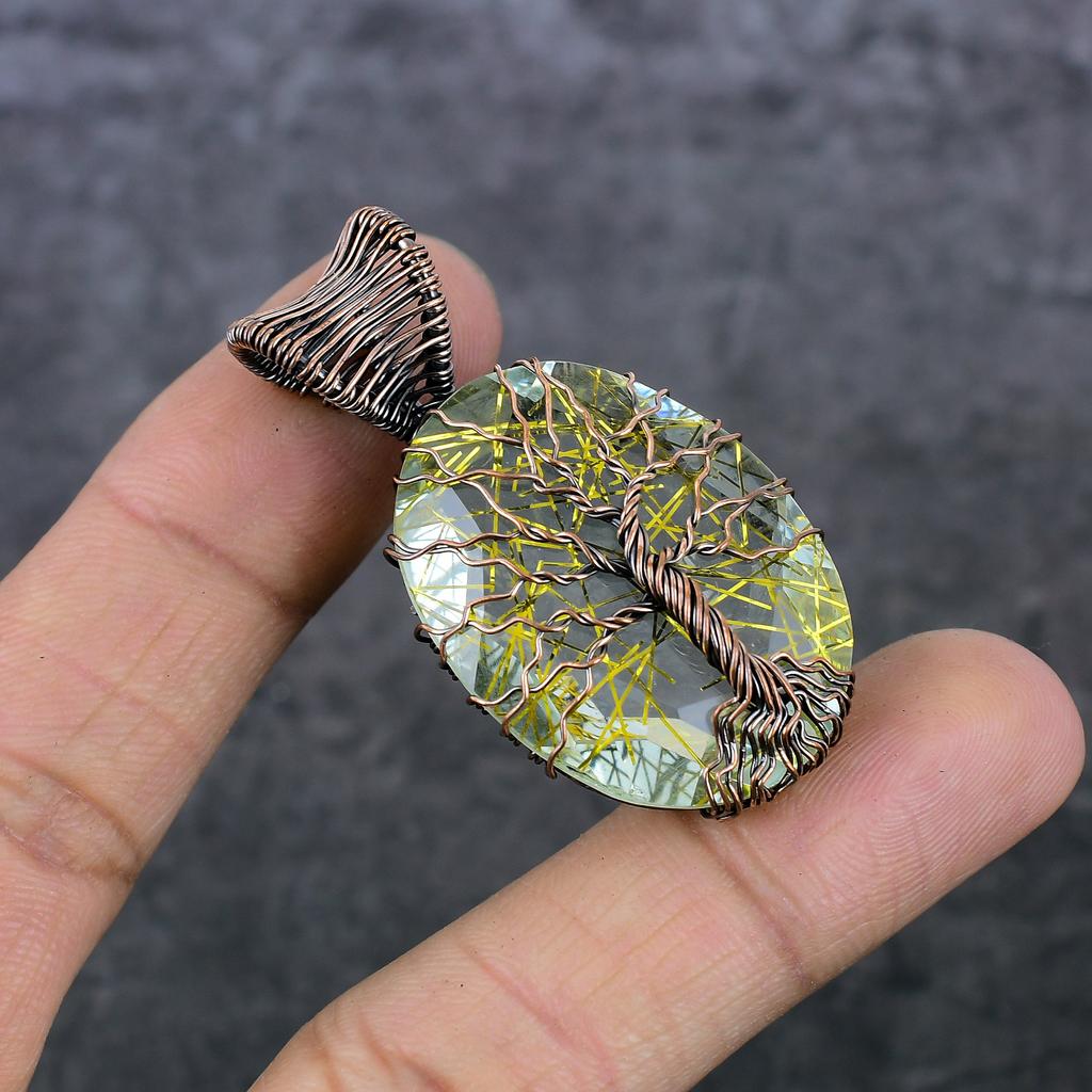 Golden Rutile Handmade Copper Wire Wrap Jewelry Pendant 2.05" M2o35