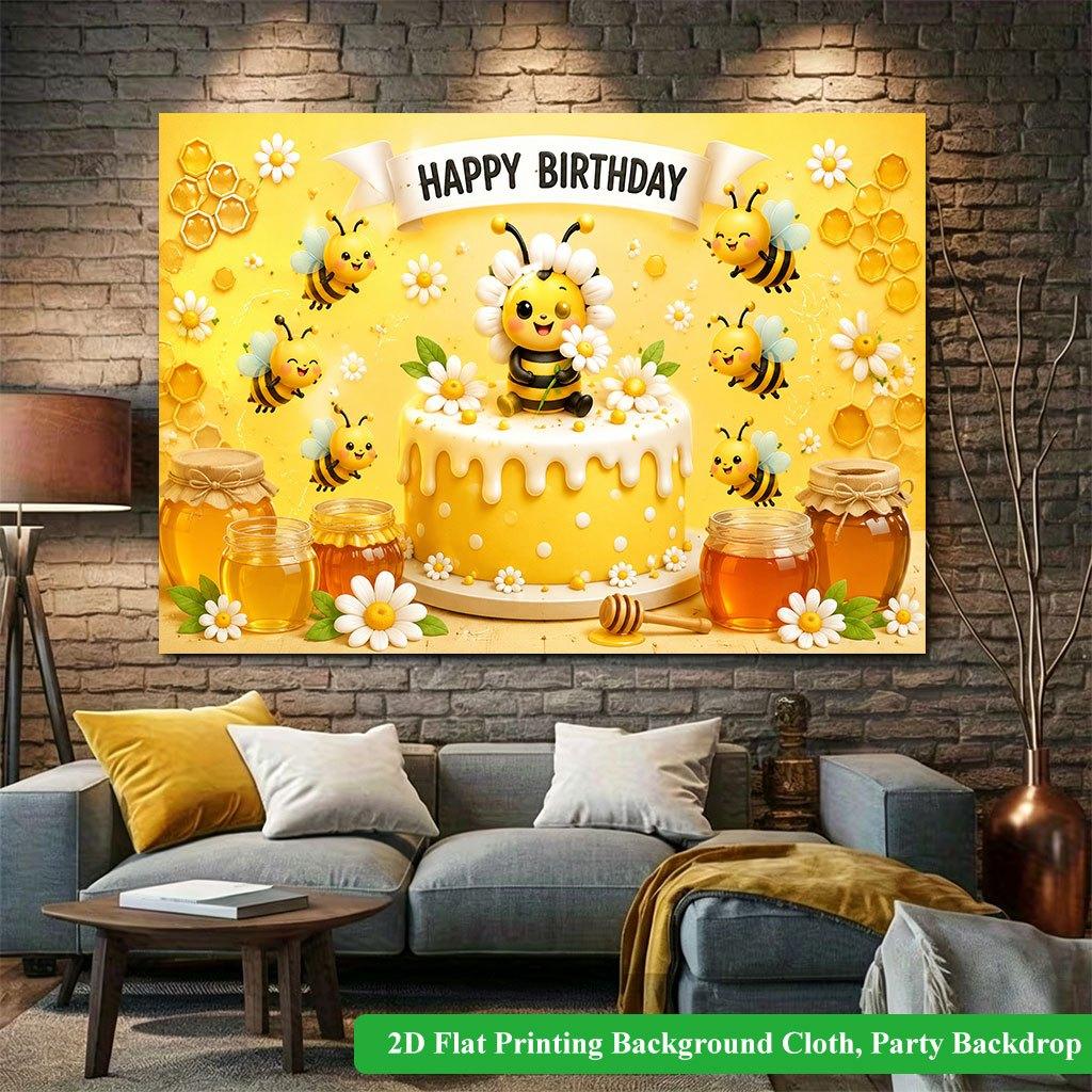 2D Flat Backdrop1pc Bee Cake Birthday Backdrop Banner Polyester Wall Decor For Living Room Bedroom Office Outdoor Decor Holiday Gift