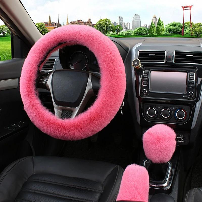 3Pcs/set Solid Soft Warm Long Wool Fuzzy Steering Wheel Cover Woolen Handbrake Car Accessory Sheep Fur Plush Protector Cover Kit