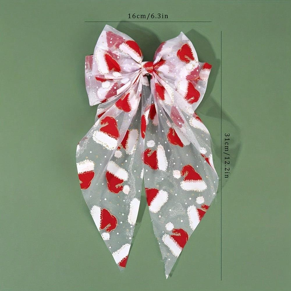 1pcs Christmas Tulle Bow Hair Clips Santa Hat Santa Claus Print Large Mesh Haipins for Women Girl Xmas Headwear Hair Accessories