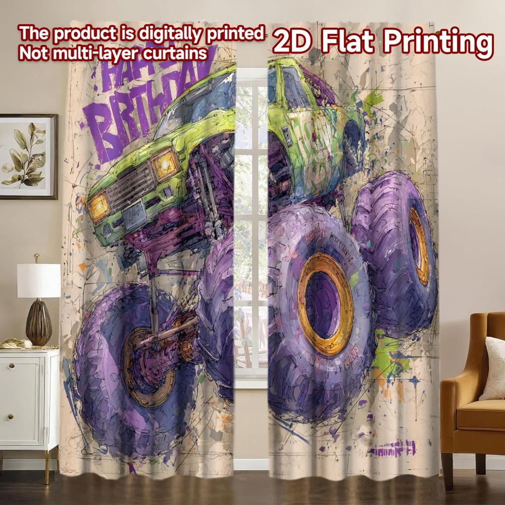 

Set Of 2 Flat Printing Happy Birthday Monster Truck Minimalist Curtains Polyester Gifts Use Kitchen Living Modern Made Window Treatment W100*H70(CM)-Rod Pocket&2PCS