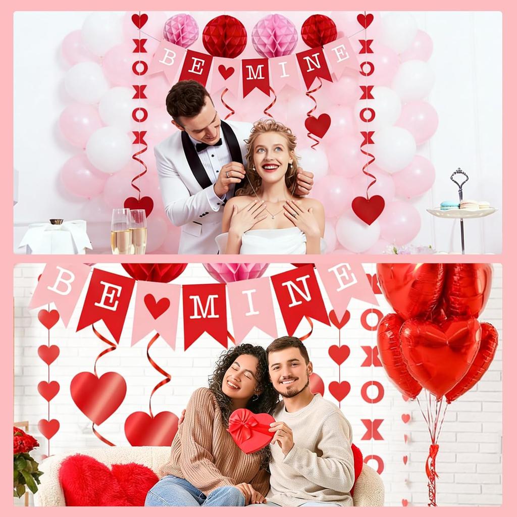 21Pcs Valentine's Day Decorations Set - Pre-Assembled BE MINE Banner with Heart Swirls & XOXO Garlands, Romantic Party Decor for Engagement Wedding
