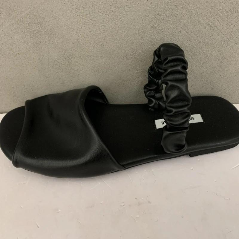 

Fashion 2025 Summer New Fashion Women s Black Outdoor Slippers Round Toe Flat Front Trip Strap Genuine Leather Sandals Fashion 35 чёрный