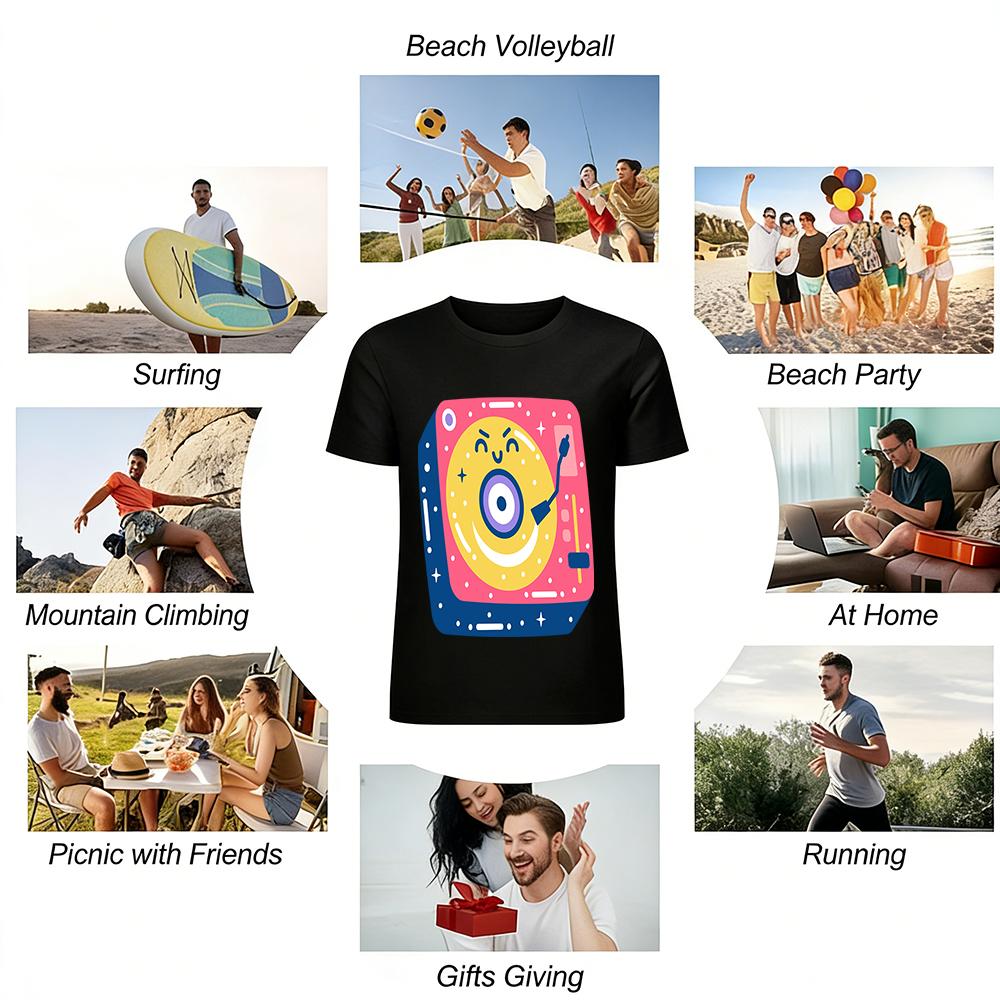 Cute Vintage Record Player Print Casual Top Unisex Loose Breathable Trendy Short Sleeve T-Shirt Pure cotton T-shirt