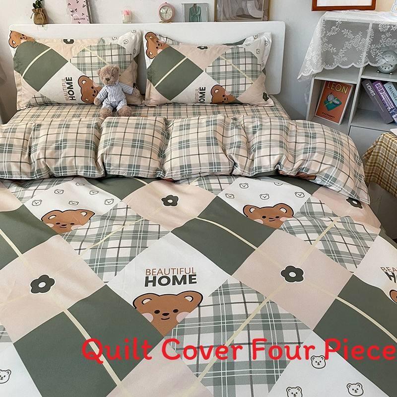 

Постельное белье из стираного хлопка с принтом, пододеяльник, четыре предмета, для студентов Green Bear,1.5m x 2.0m