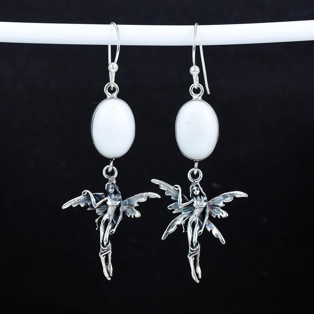 Natural White Coral Gemstone Antique Earrings 925 Sterling Silver Earring, Boho Silver Jewelry Dangle Earrings, Gifts For Birthday Gifts For Her