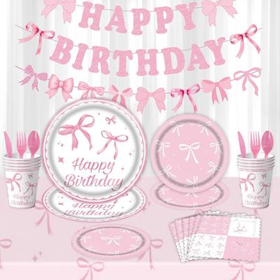 Rosa Schleife Thema Geburtstagsfeier Geschirr und Zubehör, Kinderparty Dekoration, Rosa Schleife Banner, Pappteller Geschirr und Zubehör