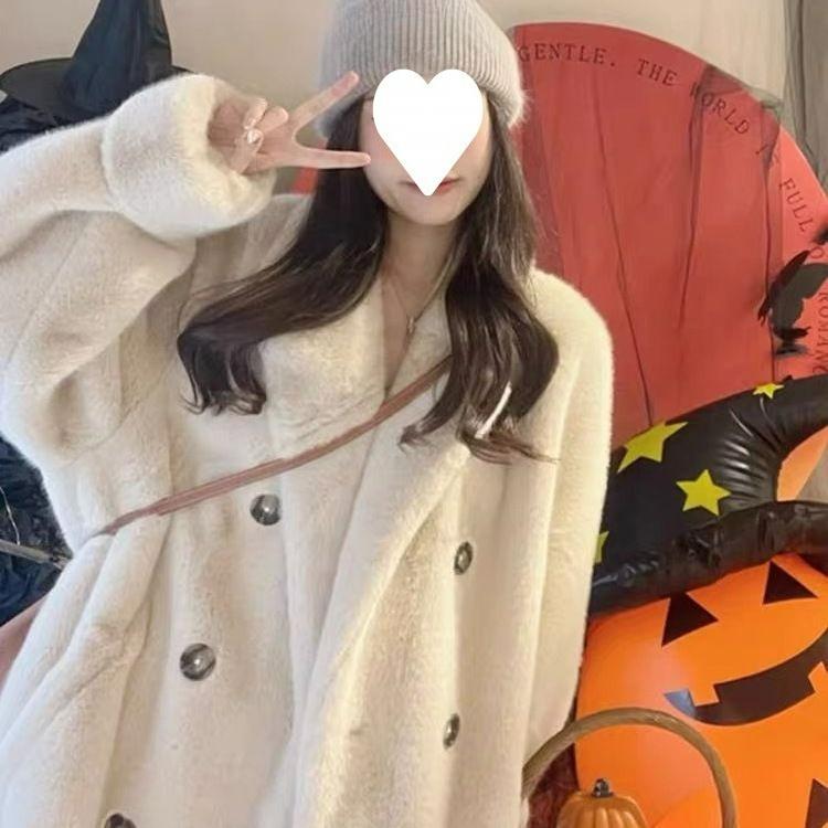 Cappotto Lungo con Collo a Revers Autunno e Inverno Pelliccia Sintetica di Coniglio Ispessito Caldo Temperamento Cappotto di Pelliccia