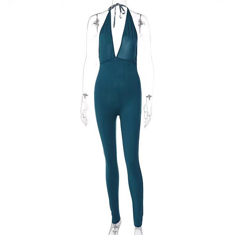 

Fashion Summer V-neck Halter Sexy Open Back Sports Slim-Fitting Jumpsuit Sexy Backless Jumpsuit Cyan M