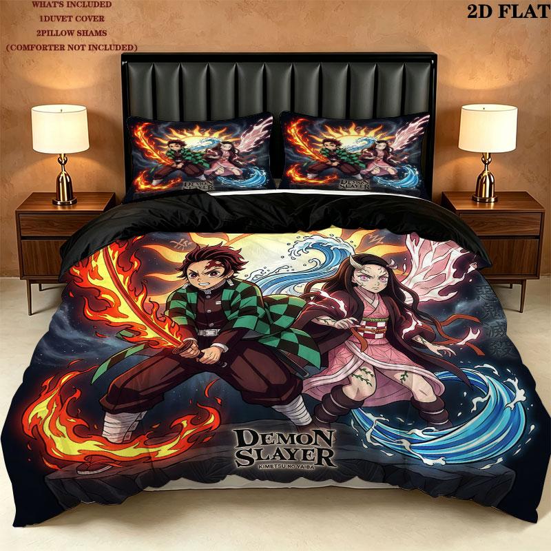 Set Copripiumino Trapuntato con Fantasia Demon Slayer Federa Cuscino Regalo di Compleanno per la Casa(1 * copripiumino + 2 * federa, senza nucleo)
