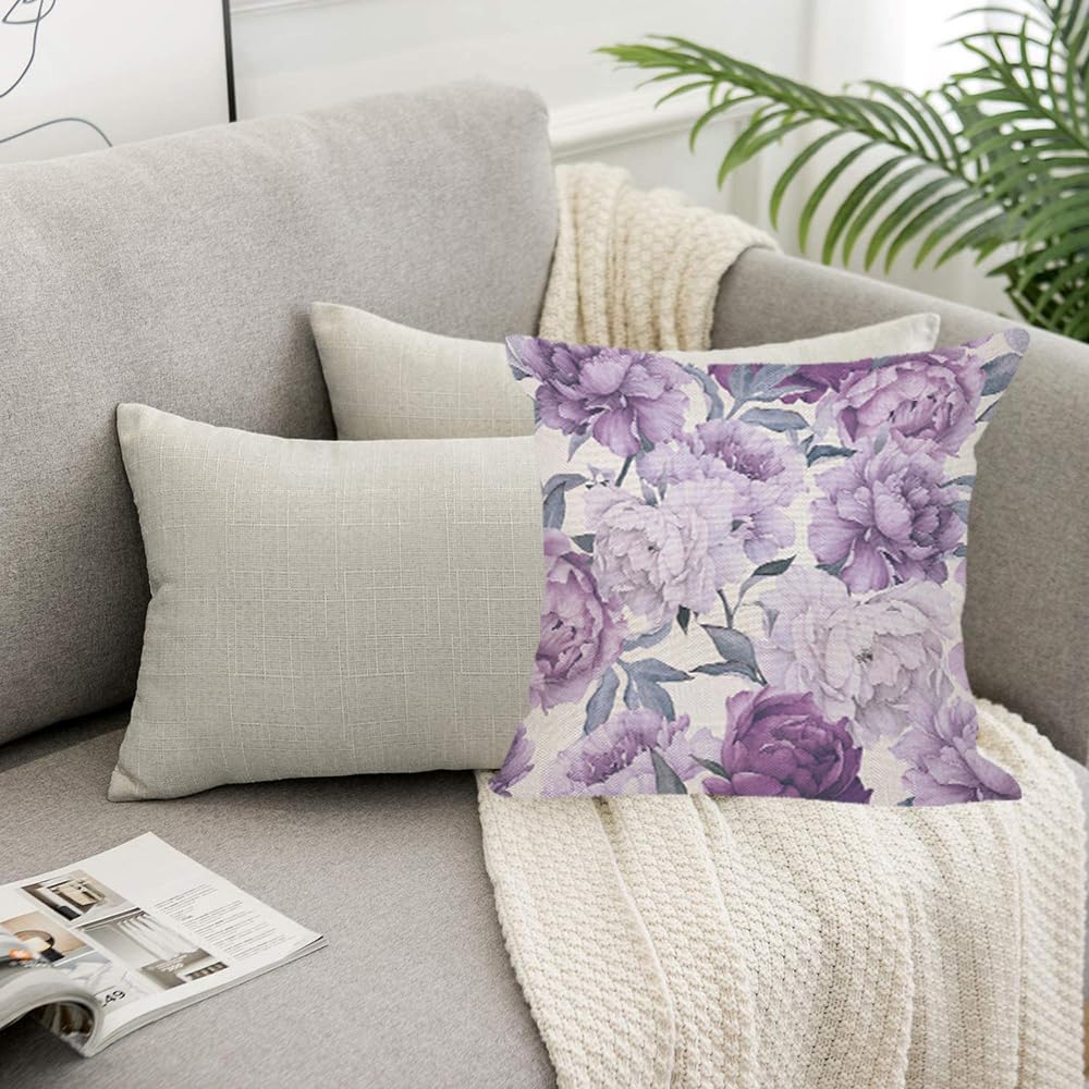 Housse de coussin florale Pivoine Violette Impression Pivoines Lavande Aquarelle Housse de coussin pour canapé lit canapé Décoration d'intérieur romantique Boho