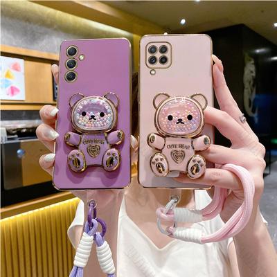 Cute Bear Wrist Strap Phone Holder Case On For Samsung Galaxy A14 A54 A04 A34 A05 A24 A05S M14 4G 5G Stand Cover