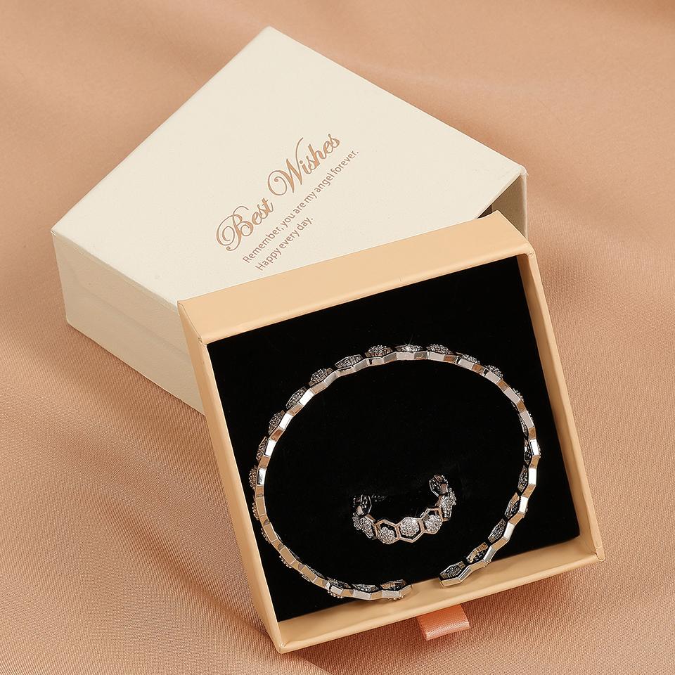 Htpwe Copper Metal Honeycomb Hexagonal Hollow Opening Bracelet Ring Set For Women 18k Gold Couple Holiday Gift Set Party Zircon