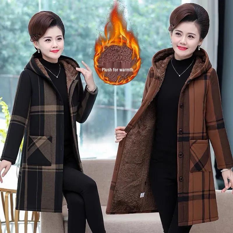 Winter Velvet Mid-Length Hooded Cotton Jacket for Elderly Women - Warm Thick Straight Cut Coat