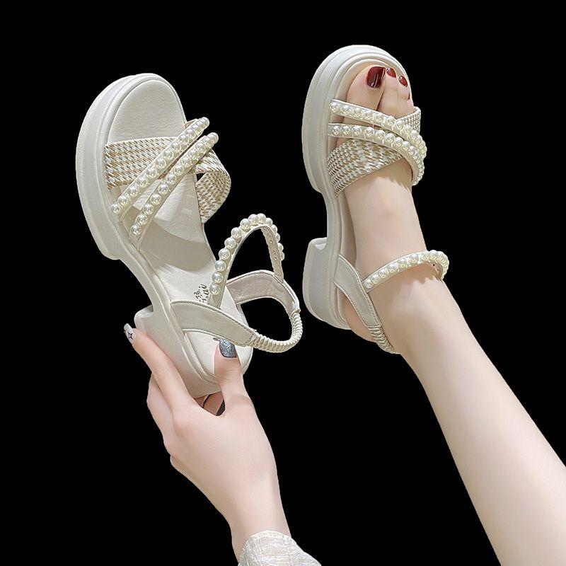 Ladies Shoes Pearl Platform Roman Style Women's Sandals Vintage Comfort Low Price Vip Luxury Summer Asian Size Chic and Elegant