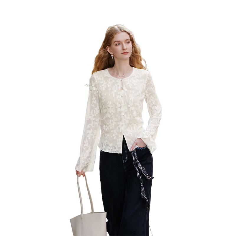 Xiangying French Style Women s White Lace Embroidered Slim Fit Blouse M