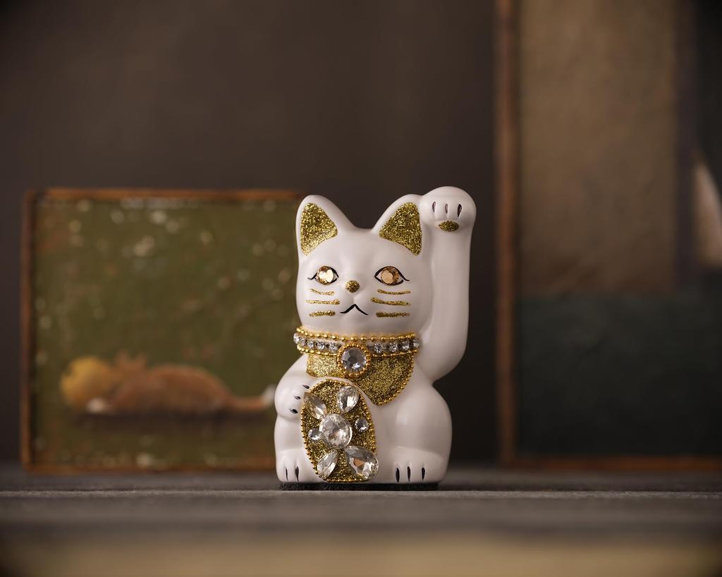 Glückskatze Schmuck Katze Linke Pfote erhoben Keramik Glückskatze Glücksbringer Feng Shui Ornament (S-SIZE Weiß) / _ Glückskatze (jw_S Weiß)
