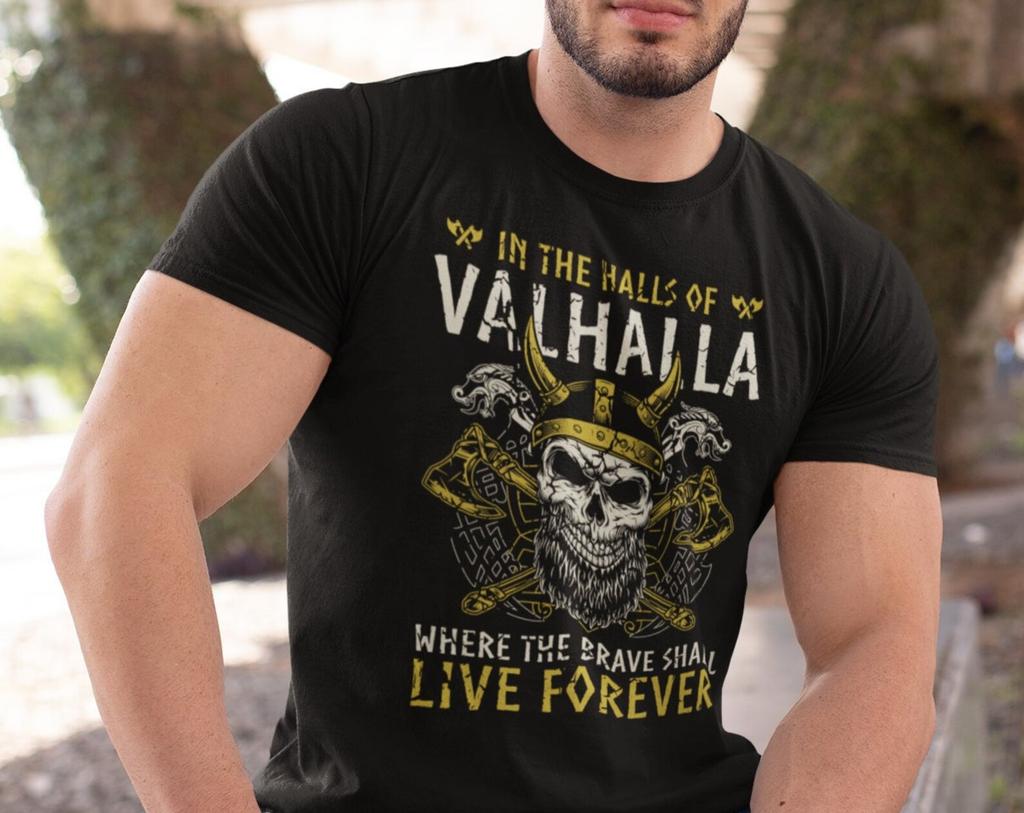 Valhalla Viking T-Shirt: Skull Helmet Norse Mythology Tee