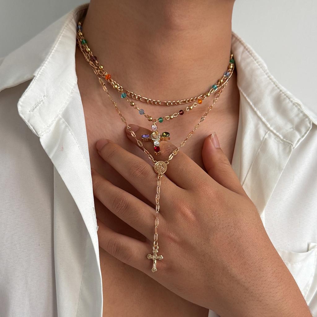 3Pcs/Set Hiphop Colored Zircon Cross Pendant Necklace for Women Men Y2K Punk Multi Layer Gold Color Chain Necklace Jewelry Gifts