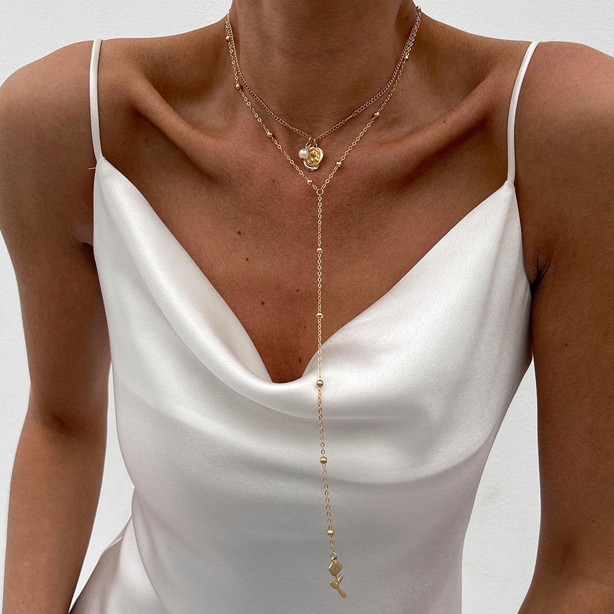 Simple Wind Rose Flower Pendant Long Necklace, Temperament Stacked Bead Chain Collarbone Necklace