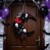 Gothic Halloween Wall Wreath, Moon Shape Rose and Skull Wreath Hanging Decoration for Front Door, Entryway, Room, and Themed Party Backdrops Display