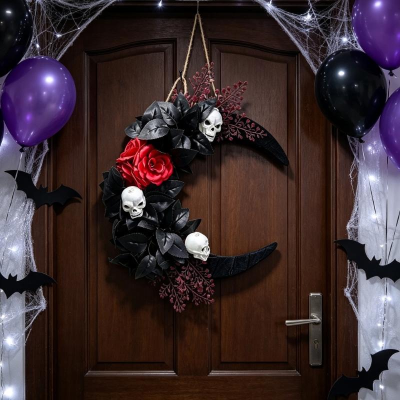 Gothic Halloween Wall Wreath, Moon Shape Rose and Skull Wreath Hanging Decoration for Front Door, Entryway, Room, and Themed Party Backdrops Display