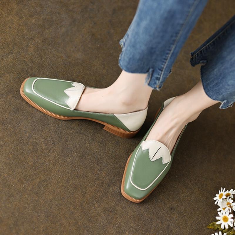 Fashion NEW Spring/Autumn Women Loafers Split Leather Shoes for Women Square Toe Chunky Heel Black Shoes Concise Low Heel Women Pumps