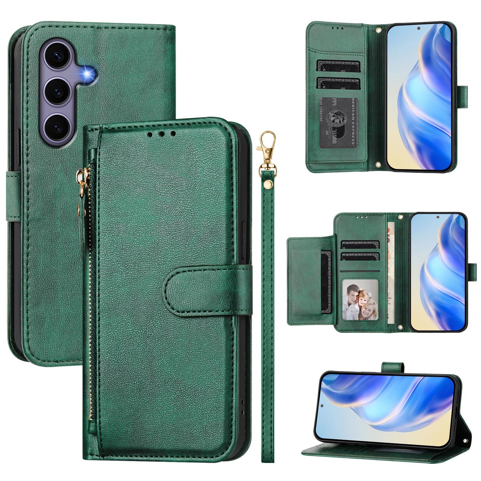 

For Samsung Galaxy S25 Case Zipper Pocket Multiple Card Slots Leather Phone Cover Green