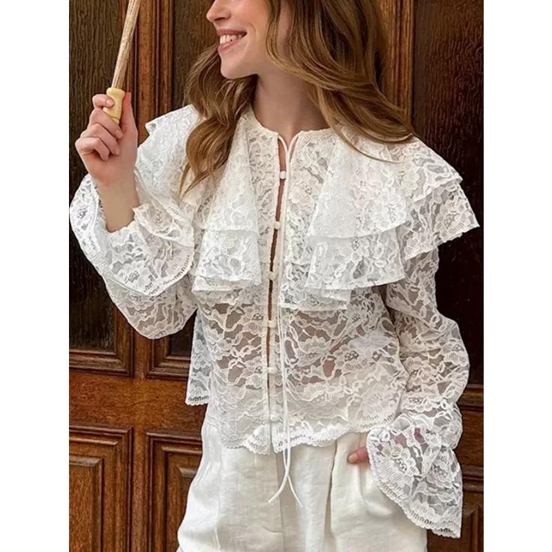 Women S Lace Long Sleeve Double Layer Collar Shirt Elegant Commute