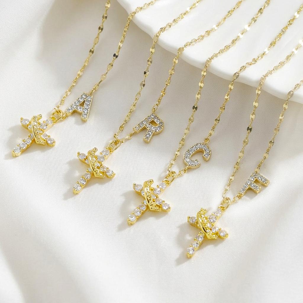 Full Diamond Rotatable Crown Cross with 26 Letter Copper Gold Plated Jewelry Accessory Necklace