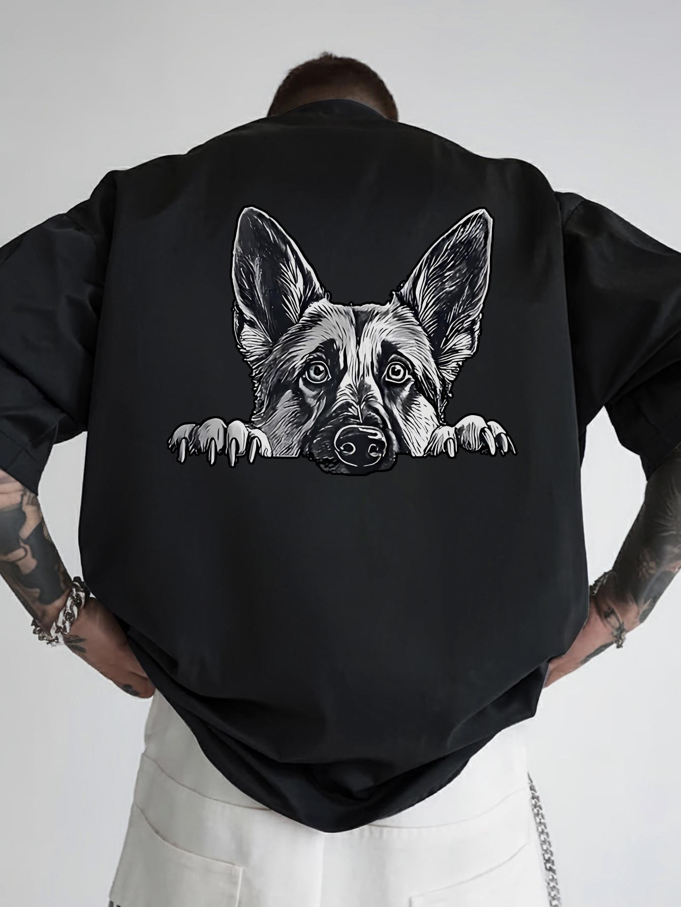 Casual Graphic T-shirt with Fun German Shepherd Design - Black Polyester Crew Neck XL
