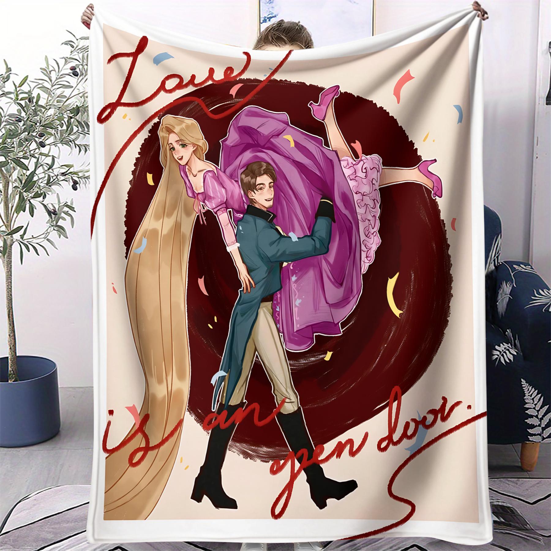 Tangled Rapunzel Flynn Themed Handdrawn Style Print Fleece Blanket for Adult Quality Cozy Warm Blanket for Travel Picnic Home 75x100cm (30x40inch)