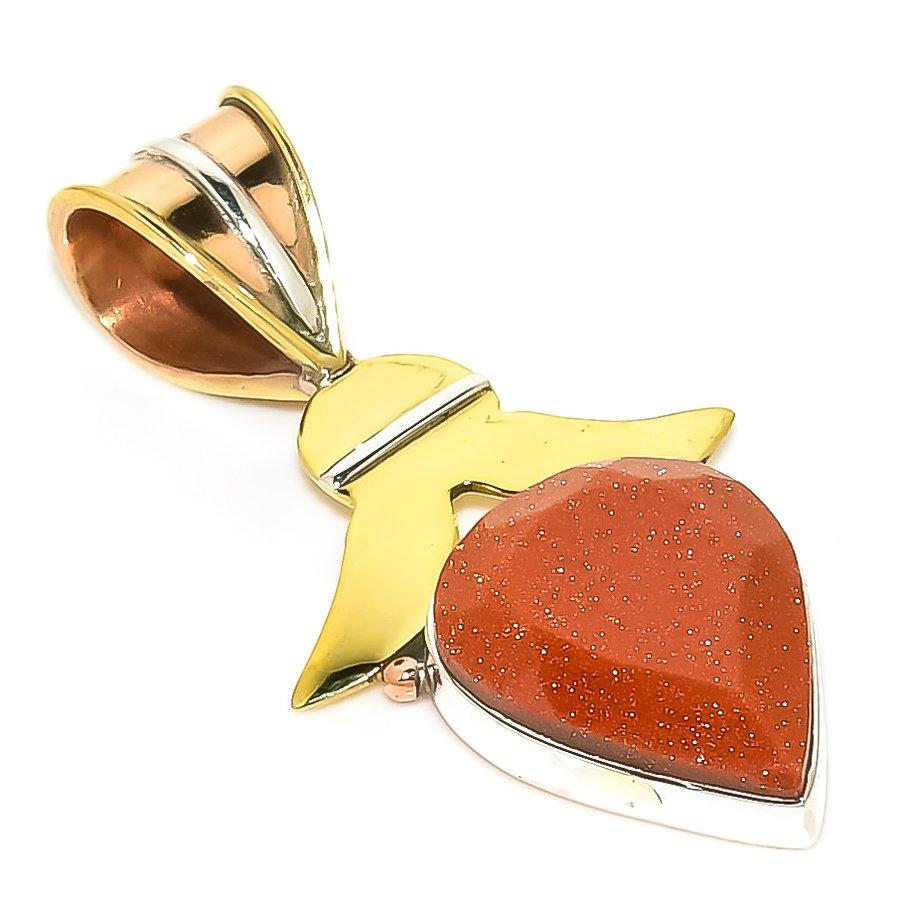 

Natural Sunstone Gemstone Two Tone 925 Solid Sterling Silver Pendant 1.50 T9Y71