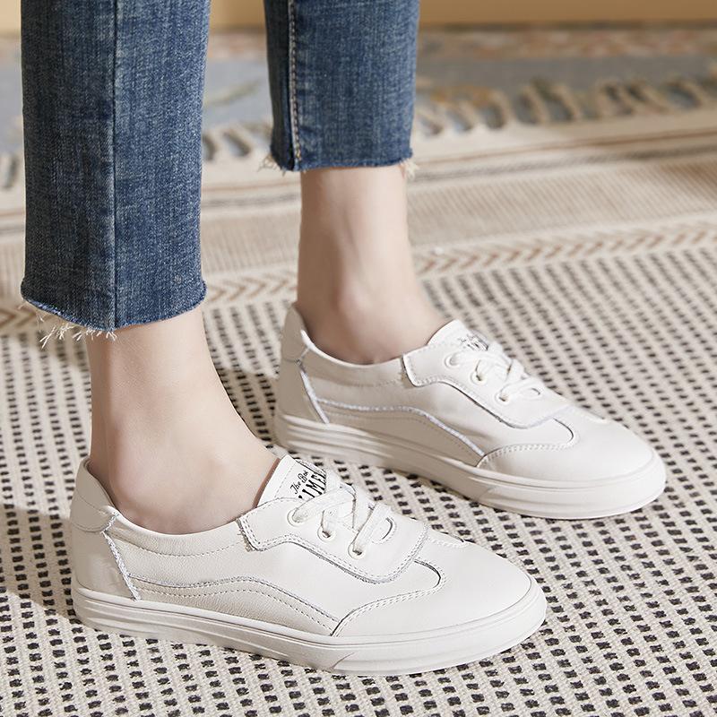 Kožené Malé Bílé Boty Dámské Boty Nové Kožené Jarní Jarní Plochá Podrážka Piškotové Nazouvací Ležérní Boty Léto